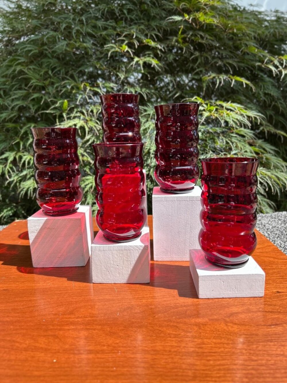 Anchor Hocking Royal Ruby Red Whirly Twirly Ribbed Drinking Galsses.